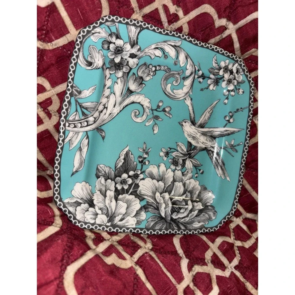 222 Fifth Adelaide Square Appetizer Plate Turquoise Blue Bird Floral Ceramic 6in